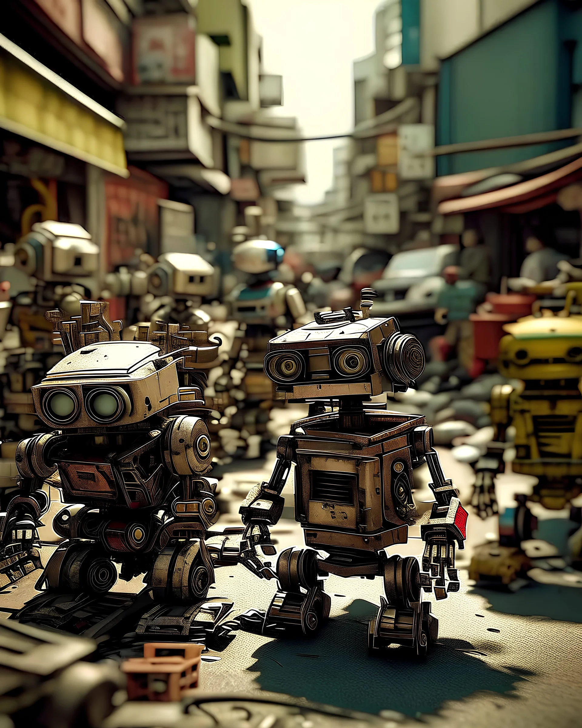 Junk city, street view, many robots, macro photography,