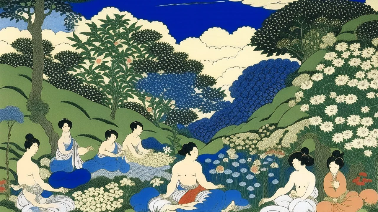 An illustration by Hokusai and Matisse of of individuals practicing yoga surrounded by blooming flowers and lush vegetation.