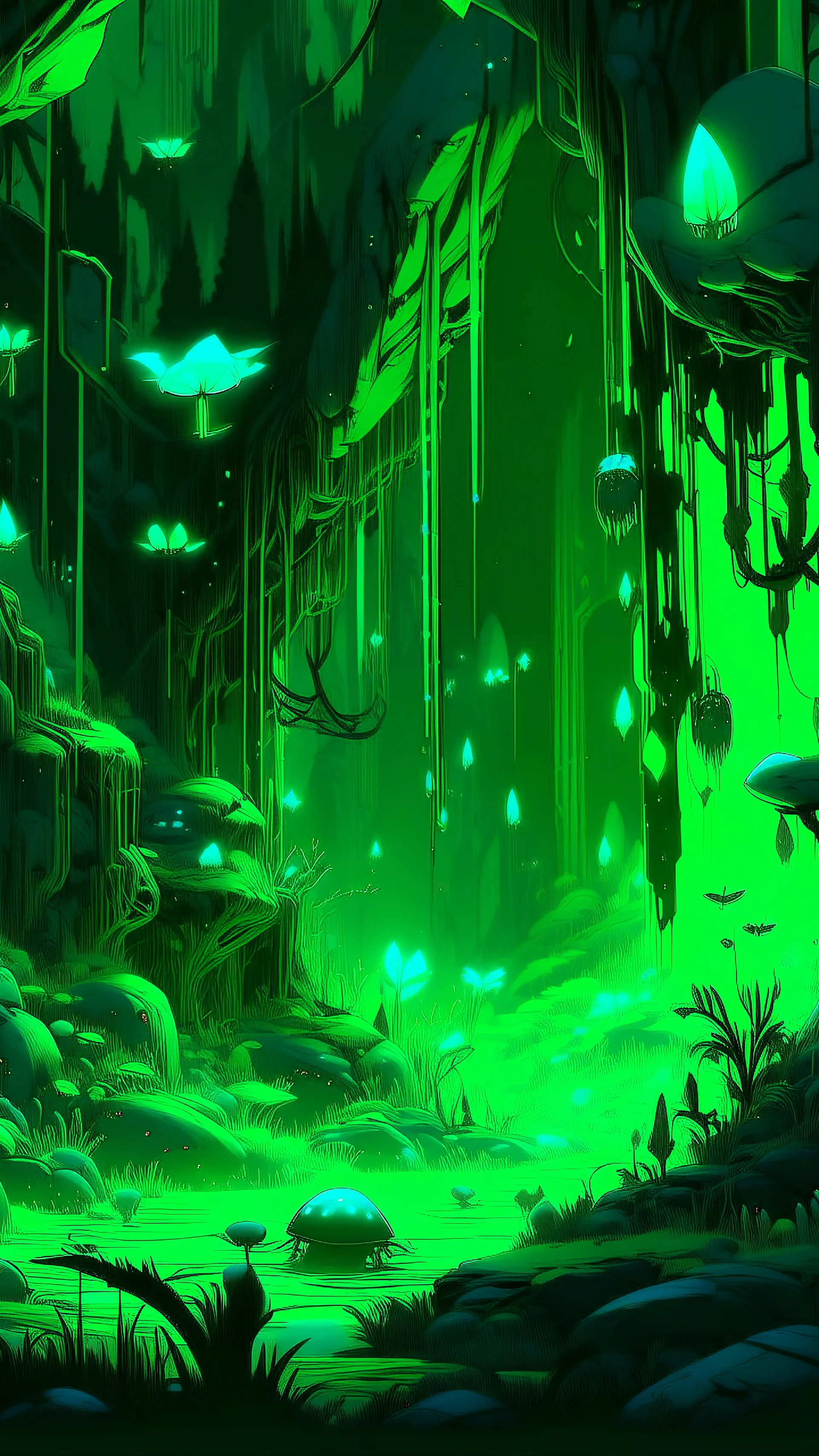 A neon green cybernetic forest with bugs designed in cave paintings