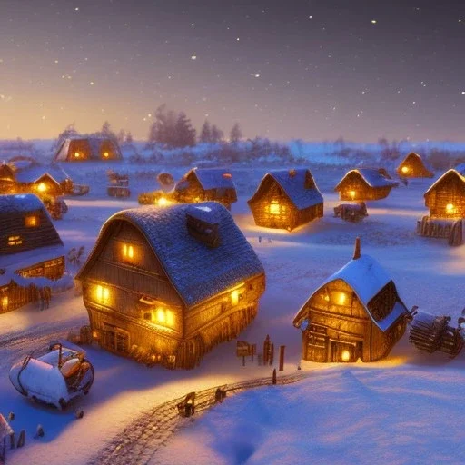 tiny fantasy farming village at night with wooden buildings in winter moonlight