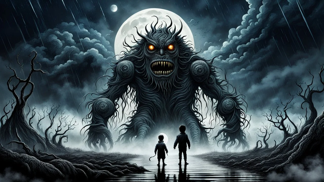gentle, protective monsters fight with evil people, left side alone child gaze, random background random, deep dark color, , moon, mist, rain, highly detailed, weird , surreal dark fantasy mood style like T. Burton