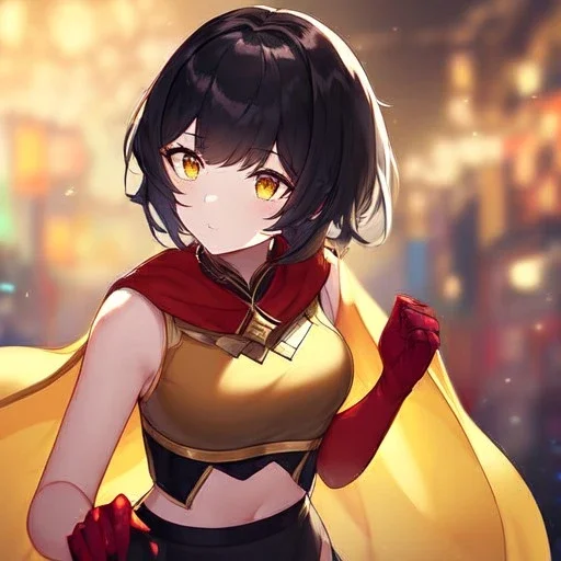 Clear focus,High resolution, Black short fluffy hair, and yellow eyes, wearing a black short skirt, sleeveless crop top, wearing long dark red gloves, yellow cloak