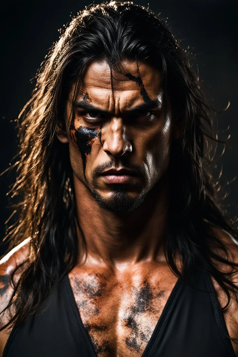 Portrait of an Olive skinned muscular evil male with long dark hair, scarred face and a goatee beard, scowling