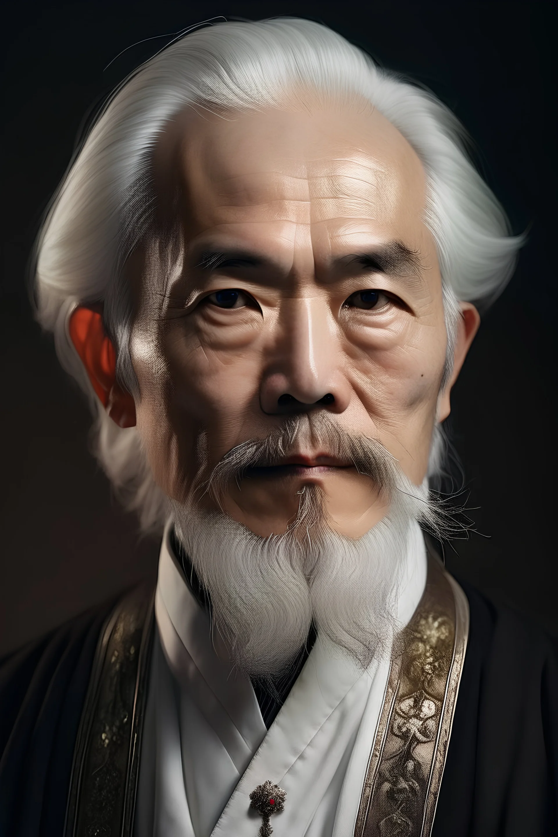 portrait of an asian male cleric in his 30's with ornate white hair and facial hair with a gentle disposition with a taoist priest asthetic