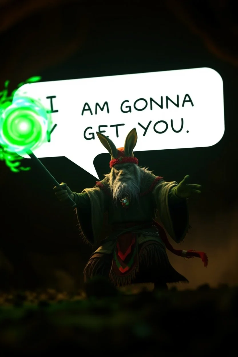 speech buble saying "I am gonna get you." Haraberget big fast killer glowing ball bunny in background, magic swirl, strong winds, true grit, reggae rasta native stand off fast draw poncho cowboy wizard on knees hurt punching green and blue fire ball whip while taking sight wand slinger, in dark cave ,bokeh like f/0.8, tilt-shift lens 8k, high detail, smooth render, down-light, unreal engine