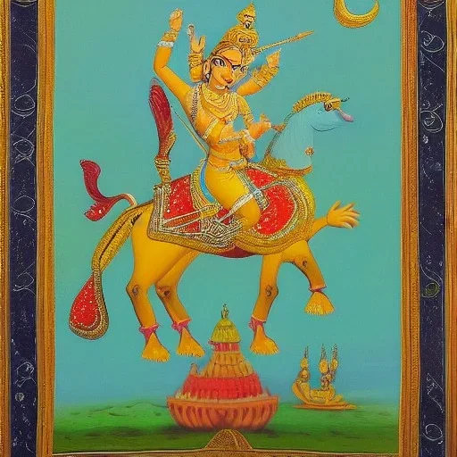 painting of lord rama riding a seahorse leading a battle