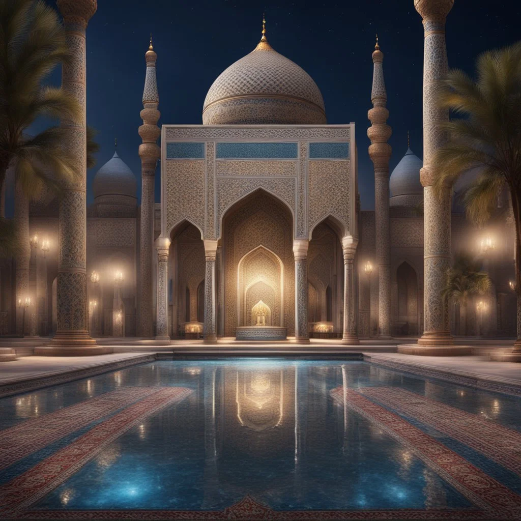 Hyper realistic Outside historical Mosque with detailed glass work on pillars with beautiful carpet & water fountain at night