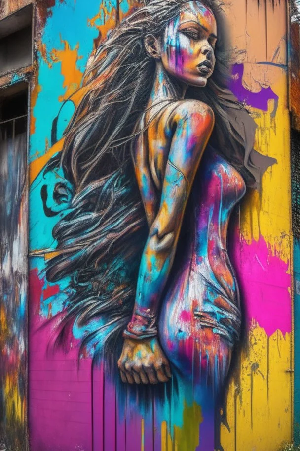 graffiti art on the back side of an abandoned building portraying a female super model posing confidently, 8k, highly detailed, centered, epic composition, graffiti art, splash art, street art, spray paint, oil gouache melting, acrylic, high contrast, colorful polychromatic, ultra detailed, ultra quality, CGSociety