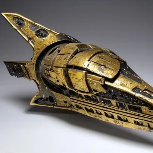 battle-damaged ornate starship made of brass and magma, in space