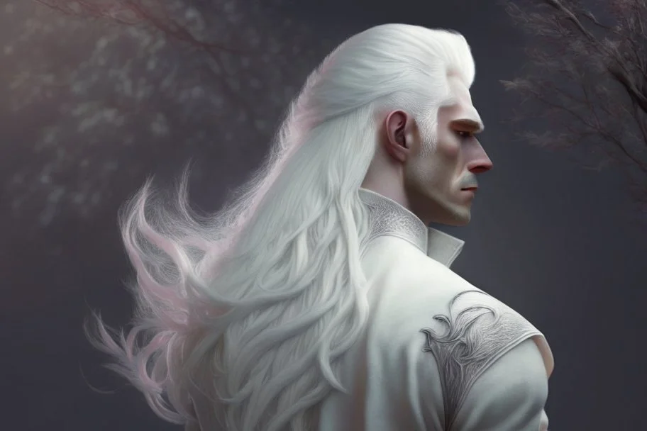 A Fantasy Human, a white masculine human with medium white hair. Magical scars. Full body, side view. HD