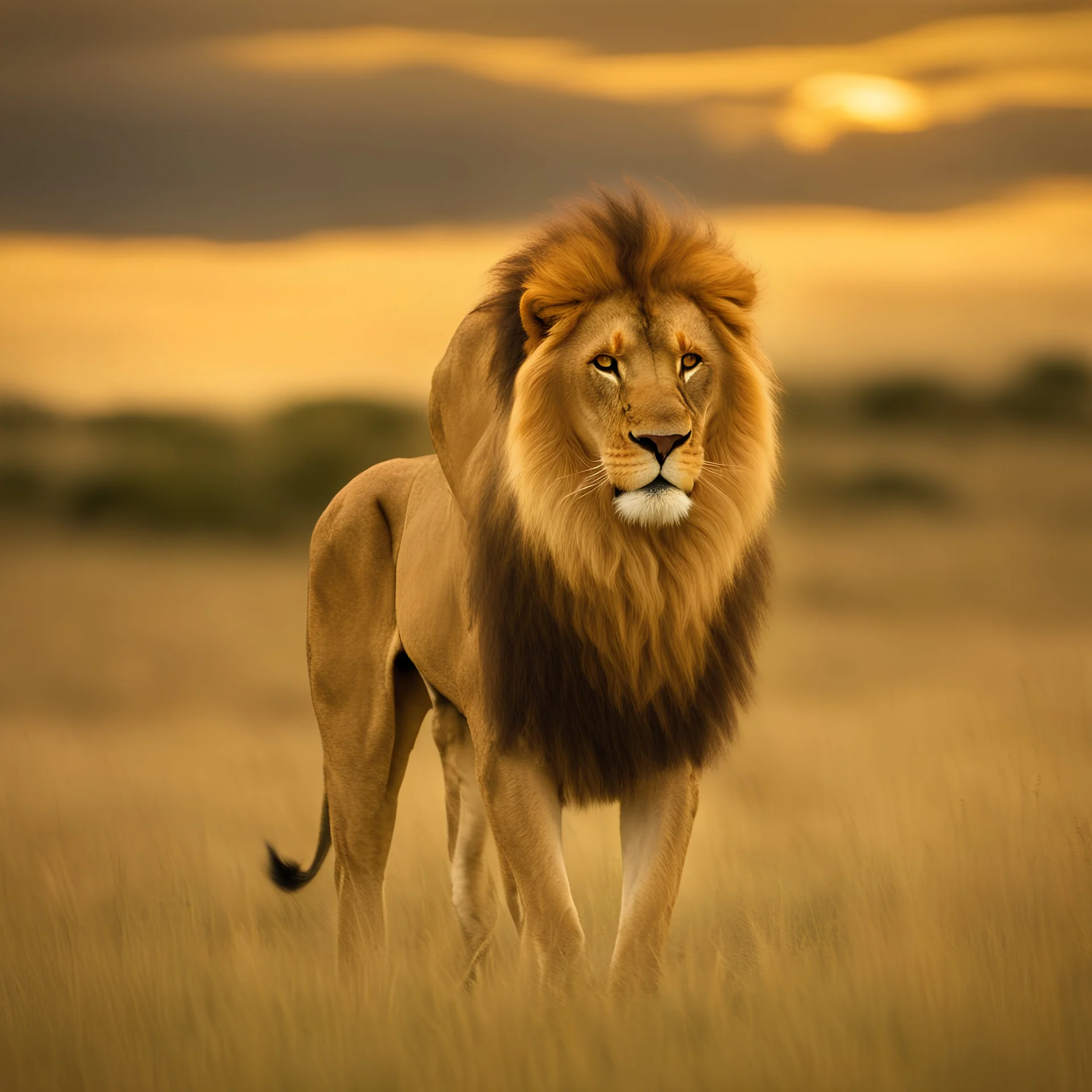 A majestic lion standing tall on a grassy savannah, with its thick golden mane blowing in the wind and its powerful gaze fixed on the horizon.