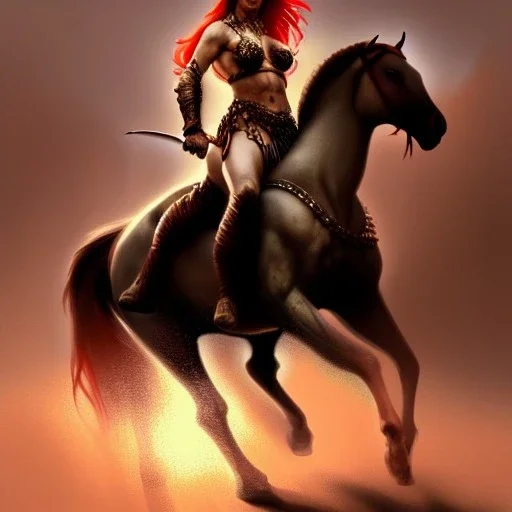 ultra detailed portrait of beautiful Red Sonja riding an arabian horse,wearing plate armor, extremely detailed digital painting, in the style of fenghua zhong and ruan jia and jeremy lipking and peter mohrbacher, mystical colors, rim light, beautiful lighting, 8 k, stunning scene, raytracing, octane, trending on artstation