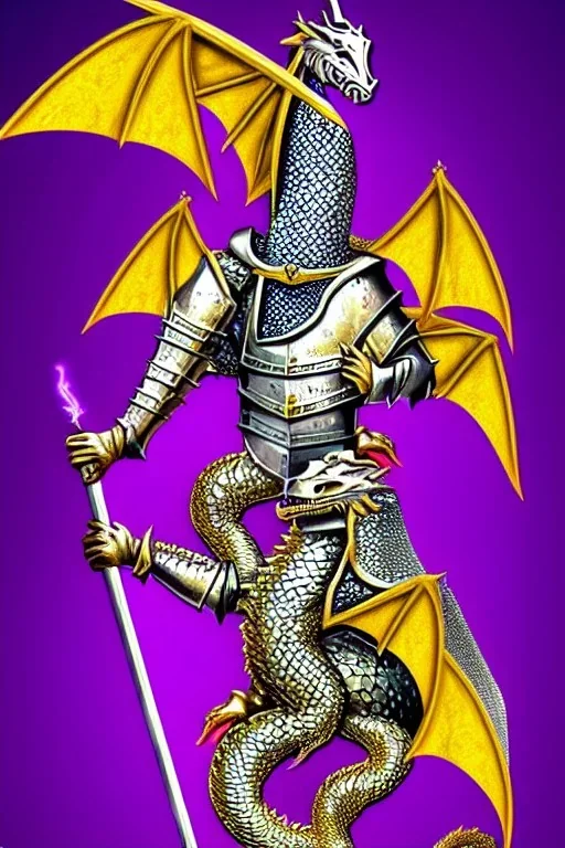 medieval Knight in golden jeweled armor vs dragon, violet color, high detail, sorcery, sparks, mechanical, plasma, treasure, weapons, slithery, goofy