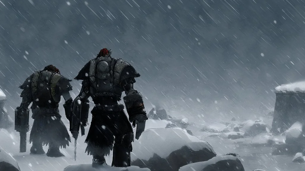3 Warriors in blizzard, from behind, comic style