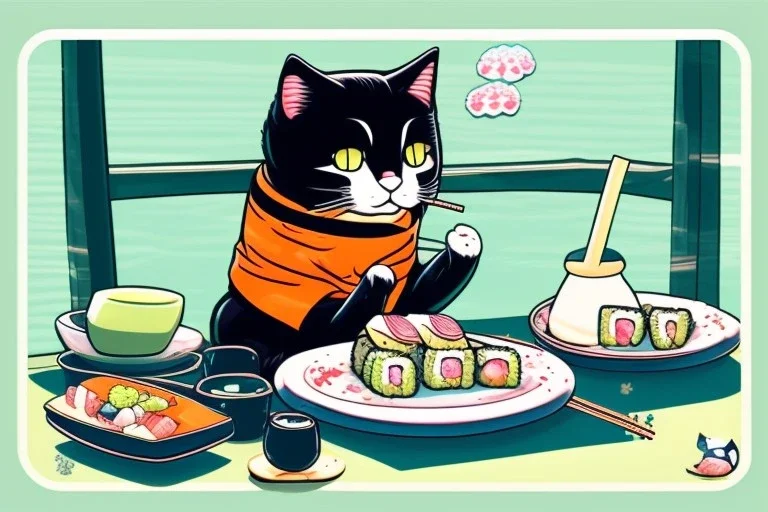 Cute cat is eating sushi. Manga style