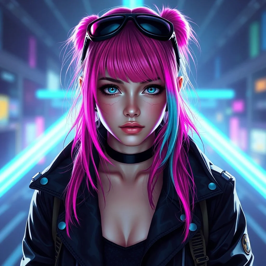 a pretty cyberpunk girl, bright coloured hair, storyteller and dreamer, young, futuristic, dystopia