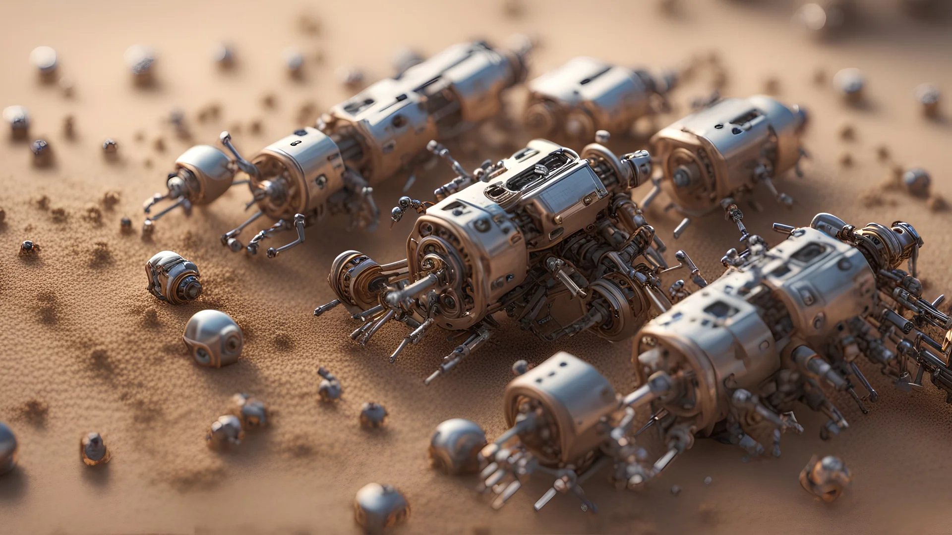 A highly detailed close-up of a swarm of nanobots repairing a complex piece of machinery. The tiny robots, each no larger than a grain of sand, work together in perfect synchronization, their actions guided by a central AI system, Ultra Realism, beautiful intricate insanely detailed octane render, 5d, 16k, artistic photography, natural volumetric perfect light, chiaroscuro, award-winning photograph, masterpiece, rule of thirds, 80mm lens, adjust perspective