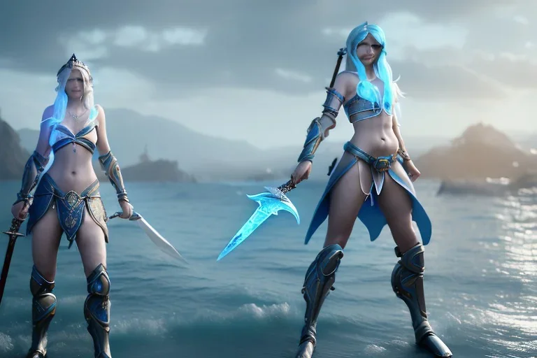 [Sea Elf] [Maormer] Hero Queen with [white hair] and [blue skin] wielding 1 blue glass sword on a ship with crew [fantasy] [realism] [Elder scrolls]