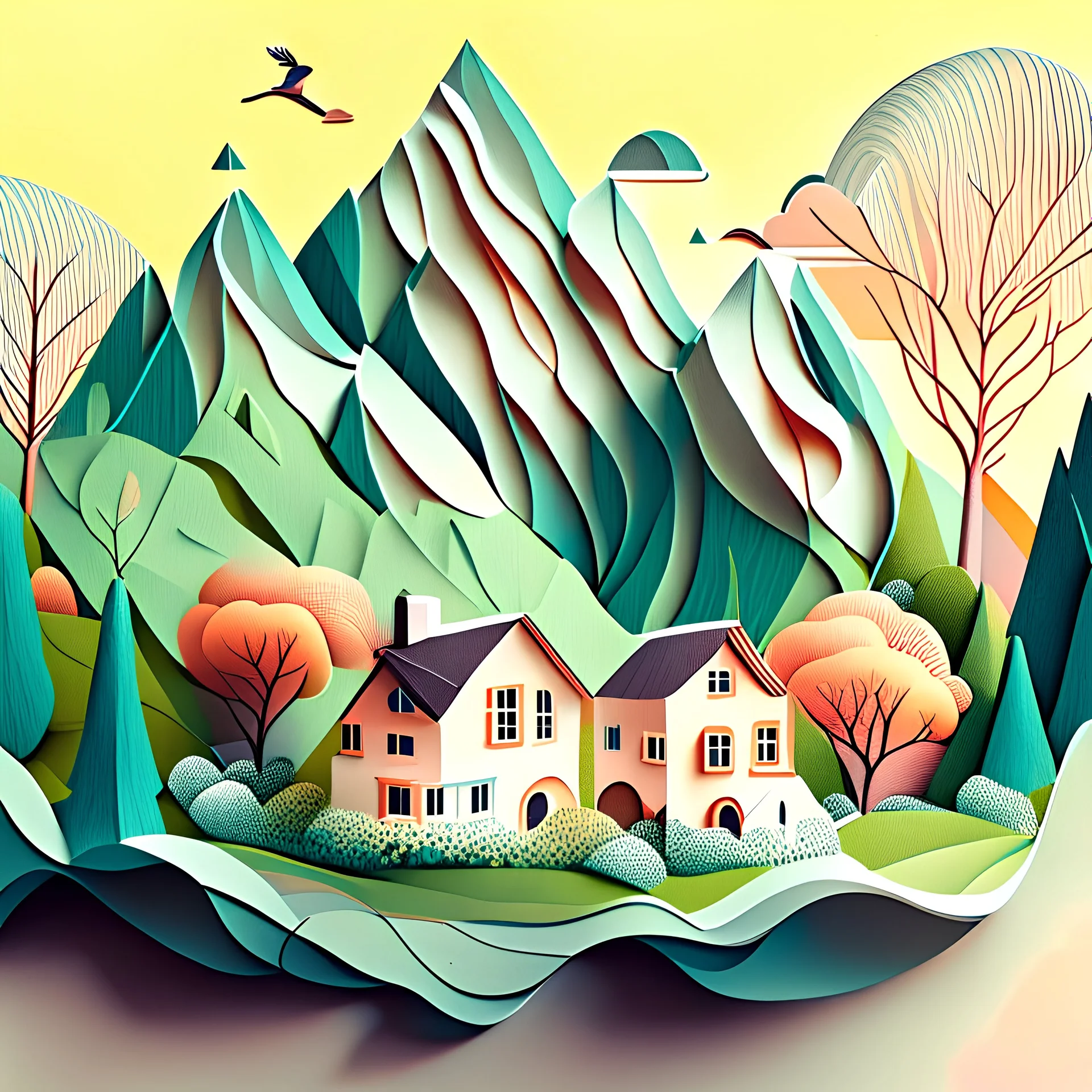 Beautiful nature, houses, Mountains, trees, papercurl illustration.