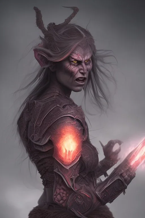 Full body photography of ethereal ANGRY FEMALE ORC , Fire theme art, Dark moody night atmosphere, by Michelangelo, 8K, high body details, anatomically perfect body, purple, red, armed with guns ,