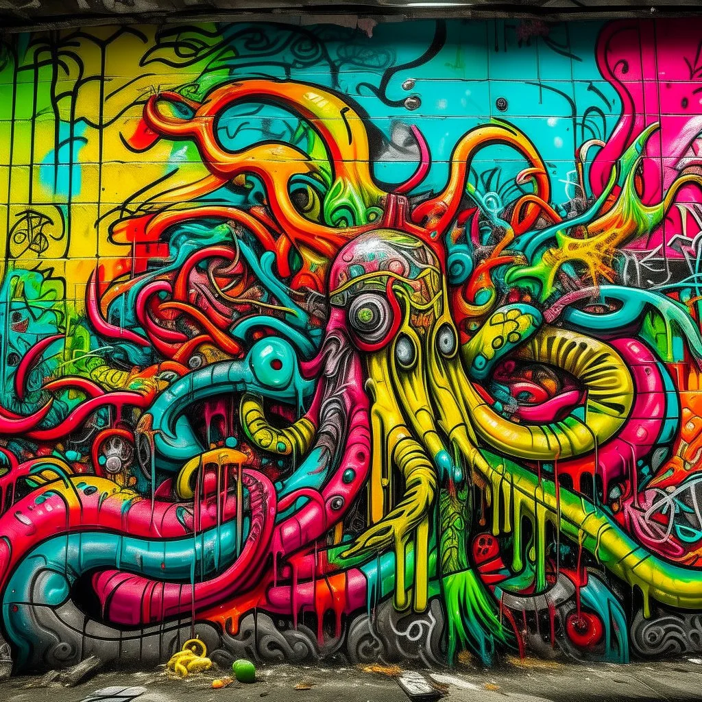 Digital photography of a concrete wall with bright colorful graffiti tagged by "CORRUPTED JUSTICE", eschatological corrupted statue of liberty gaping maw biomechanical tentacles, cosmic horror aesthetic, style of Os Gemeos and style of Phlegm