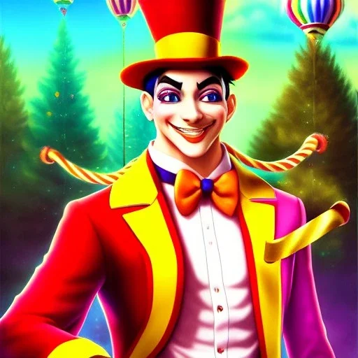 ringleader, Arthur Kulkov face shot, front, handsome, circus, male, offrecord deviantart, Yamada Akihiro artwork, Russian, lisa Frank fantasy, Golden hour