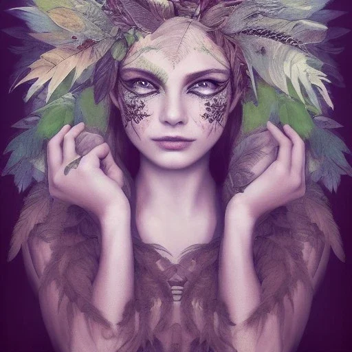 Portrait of beautiful girl, plant, metal, feathers, Dryad, fae, sidhe, ominous, nature, plants, wildflower, facepaint, dnd character portrait, intricate, oil on canvas, masterpiece, expert, insanely detailed, 4k resolution, retroanime style, cute big circular reflective eyes, cinematic smooth, intricate detail , soft smooth lighting, soft pastel colors, painted Renaissance style, 800mm lens