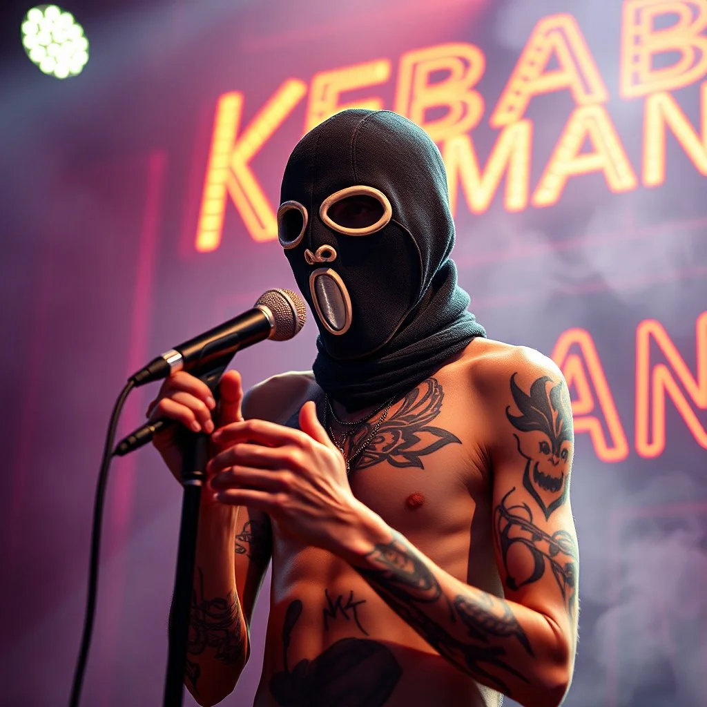 a very thin swedish man, with a skimask with only a hole for the mouth (no eyes), he is called "KEBAB MAN" performing at death metal club, his name is "KEBAB MAN" kebab rolls On stage, kebab Neon lights and smog, and "KEBAB MAN" big sign on the wall, kebab tribal tattooes, spinning kebab machines, flames and smoke, chaos, he singing with mic,