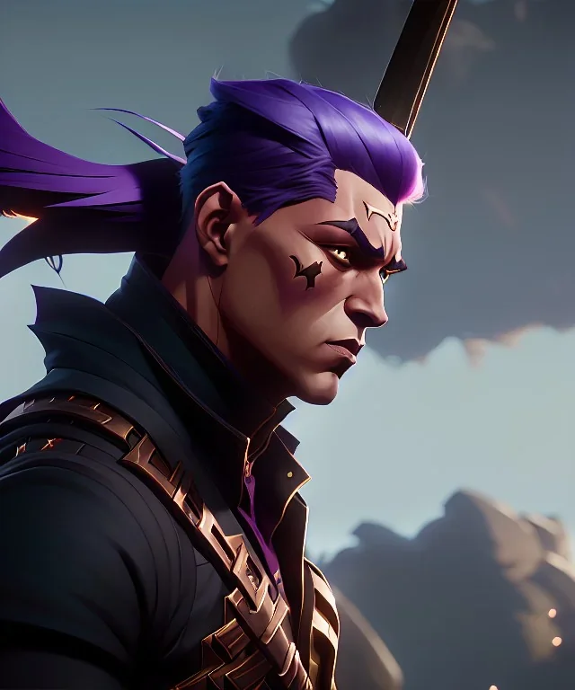 A strong young male character with a massive spear weapon with purple hair by Greg Rutkowski, Sung Choi, Mitchell Mohrhauser, Maciej Kuciara, Johnson Ting, Maxim Verehin, Peter Konig, 8k photorealistic, cinematic lighting, HD, high details, dramatic, atmosphereric, trending on artstation