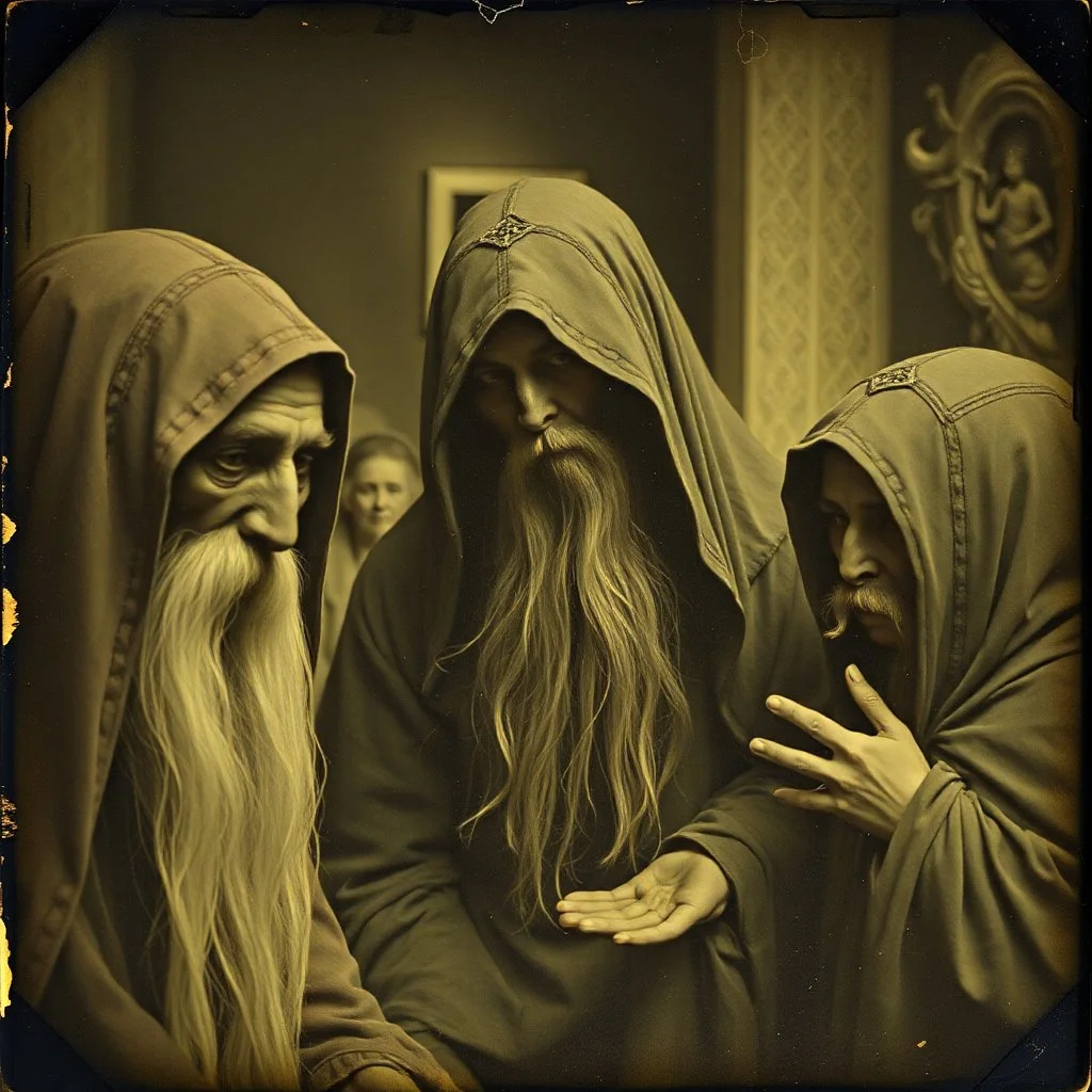 Daguerrotype close up, some mysterious figures, odd background, Hieronymus Bosch, Max Ernst, ambient light, by Minicavio Quollati and Marlost Endgulp, Amano, Botticelli, Alphonse Mucha