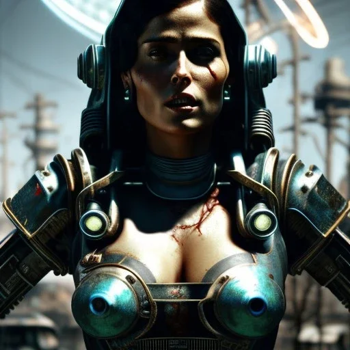 fallout 4 character, salma hayek as black windmill robot with axe in the streets of cyberpunk city filling up car, gaz station, unreal, spray paint, clay, vox model