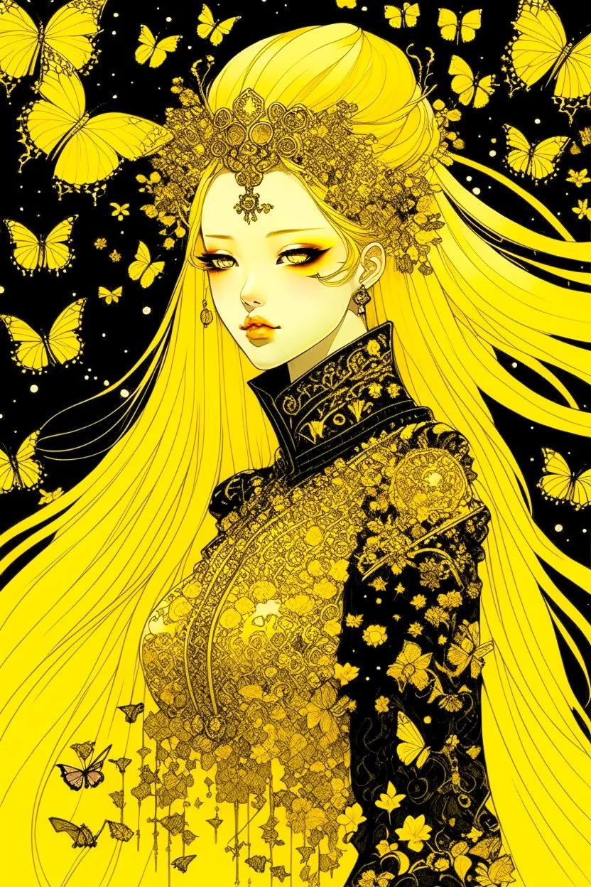 style of Yoshitaka Amano ~ Butterfly Empress, long huge flowing gold hair, yellow eyes. dressed in a cosmic gold plated Armor made of gold butterflies. standing in a room made of butterflies. surrealist. Shades of luminous black and yellow piercing shadow, reminiscent of Beuys and Qian Xuan.