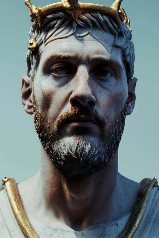 Ultra Realistic image, Roman sculpture, white marble material, Lionel Messi, gold crown of natural thorns, god crown, gold veins, Renaissance style, sun rays background, waist up portrait, epic, celestial, cinematic lighting, God lights, 4k resolution, smooth details, soft lighting, unreal engine 5, art station, substance 3d.