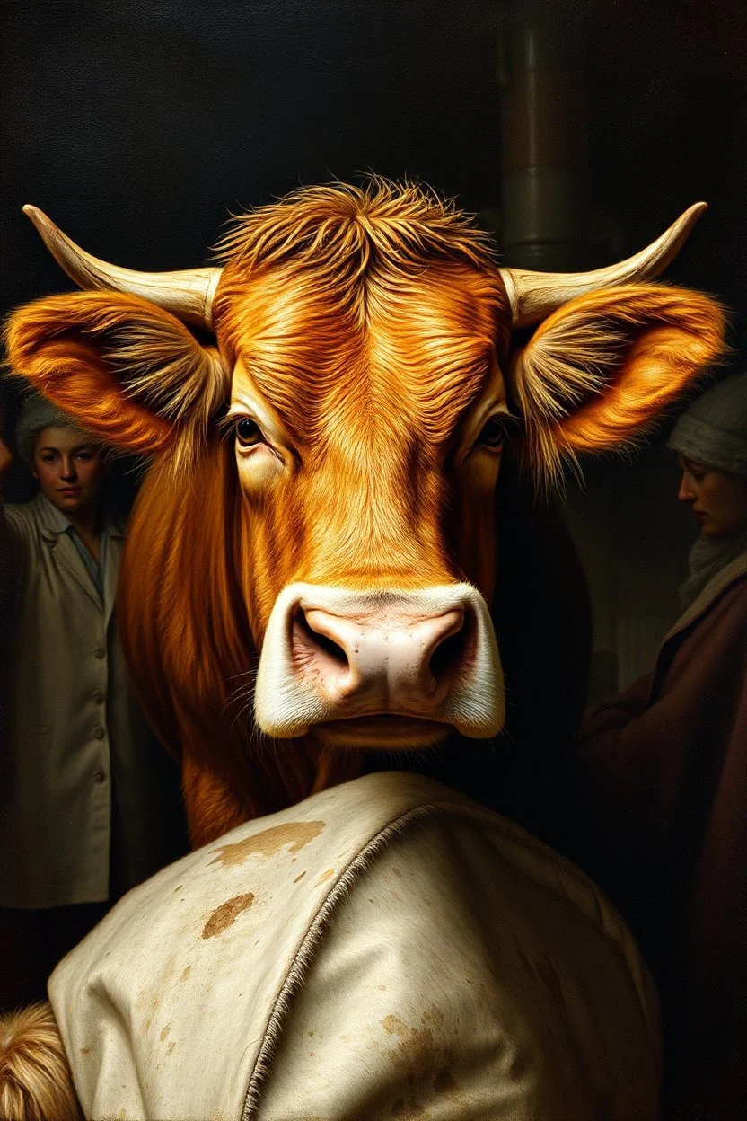 the face of the people that love bovaer standing over a sick cow inside science factory, painted by Rembrandt