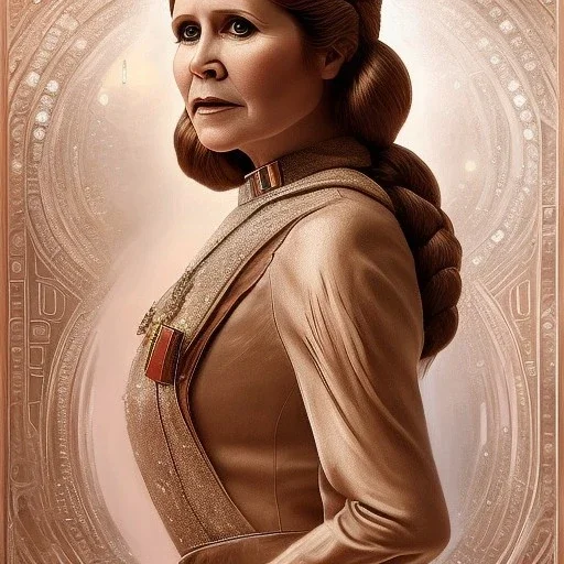 hyperspace background, complete and photo realistic detailed head to waist stunning photo realistic portrait of carrie fisher as Princess Leia in star wars with photo realistic updo hair by Mandy Jurgens and mucha and Richard Schmid and chuck close and chie yoshii, extraordinary and detailed ceremony dress of star wars,brown eyes