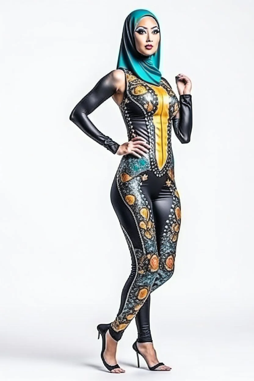 full body portrait of a fit princess with extremely muscular body in hijab and expensive designer swimsuit