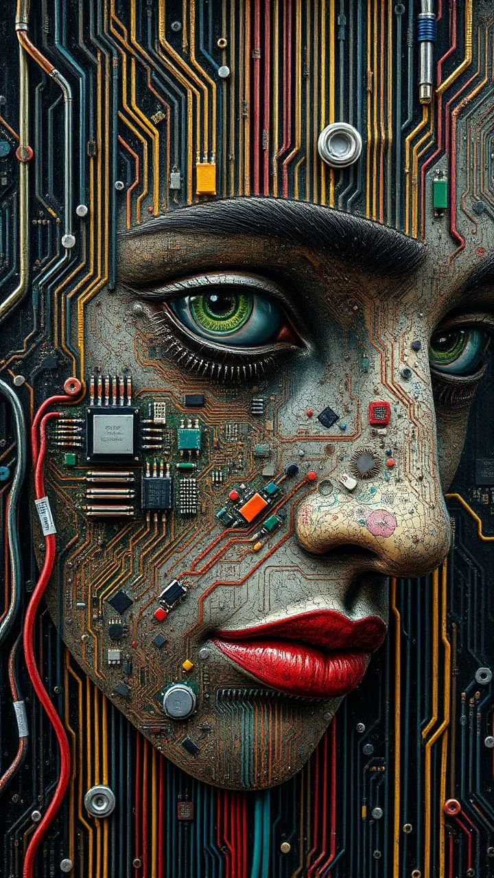 Bosch style painting , A face in details . The texture of the face is a collage of many peace’s of 3D electronic chips , 3D transistors , wires and 3D buttons parts