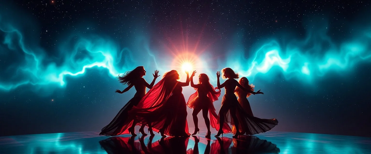 From the shadows, they rise, with a spark in their eyes, Ethereal echoes of a world we once knew, With the glam and the glamor, we reach for the skies, Cosmic rhythms pull us through, [Chorus] Suti came for our world, with the power to ignite, Dancing through the stars, we find our light.