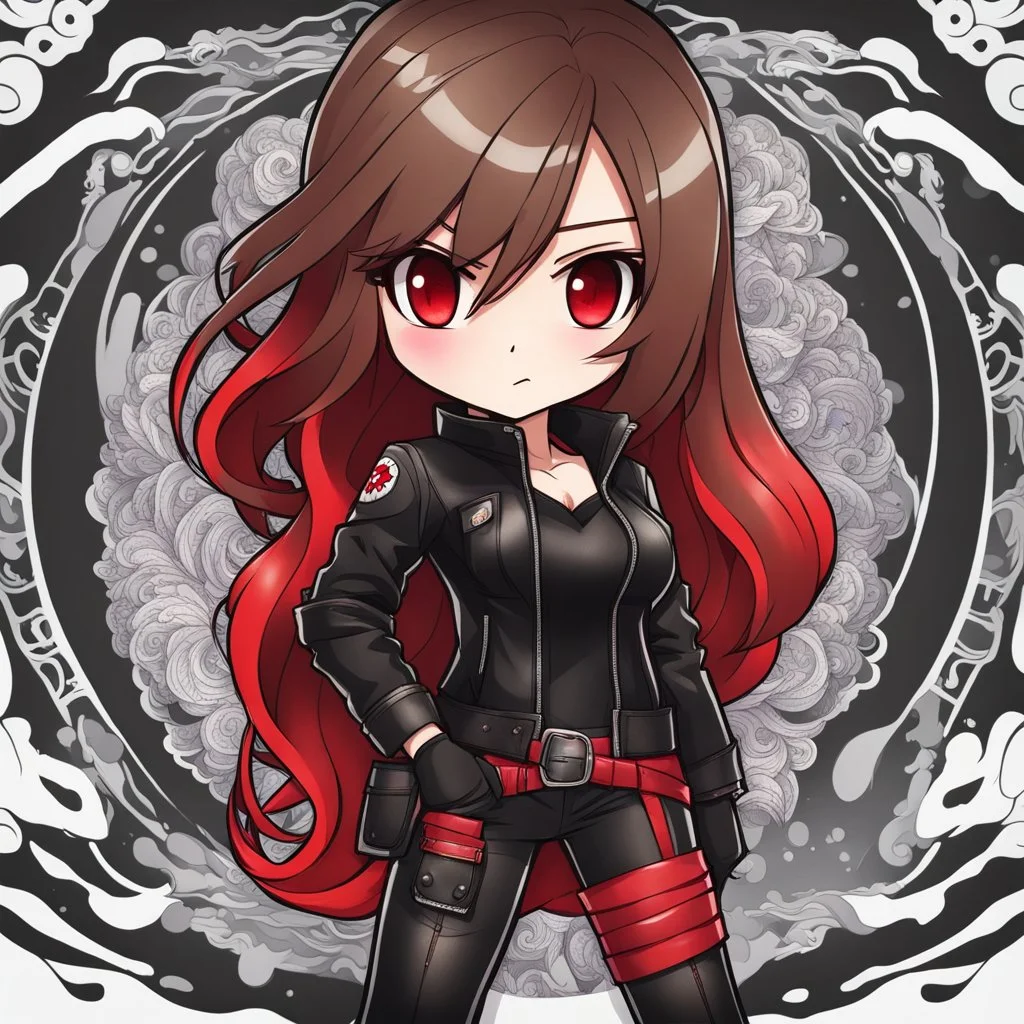 a full-body shot of a woman with long brown hair, red eyes, with a confident, 'bad girl' vibe, wearing black and red leather, ((Chibi anime style)), intricately detailed, intricately designed splash art background