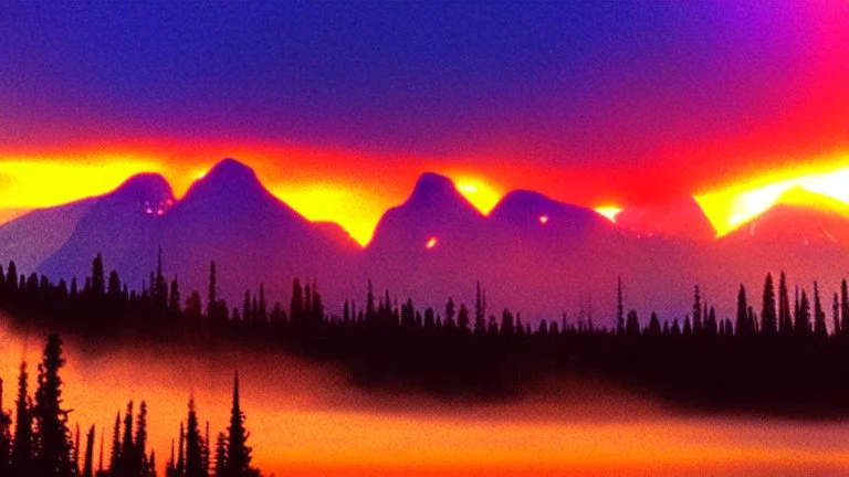 background=(mountains, alberta, forest fires, burning), time=(sunset), style=(vaporwave), effect=(smoke, plumes)