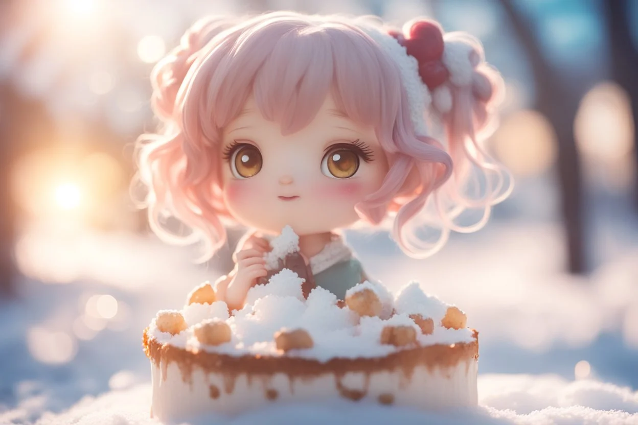 cute chibi girl eating snowcake in sunshine ethereal, cinematic postprocessing, bokeh, dof