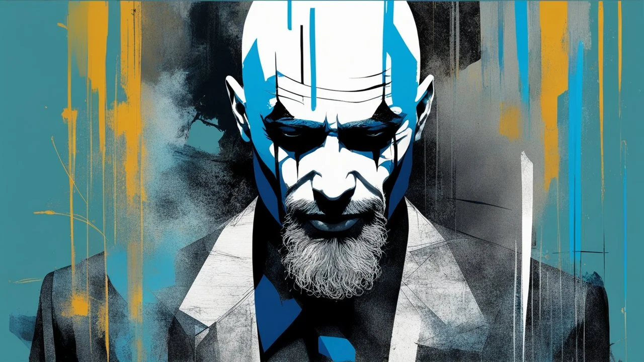 aesthetic, painterly style, modern ink,front face,Bald, big beard، joker model , blue, sensual, sultry, dark blouse, expressive pose, urbanpunk, abstract texture multilayer background, neo-expressionist , Russ Mills, Ian Miller