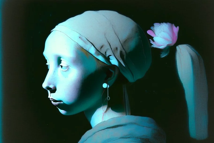 flower cut, girl with pearl earring S<AI in moonlight, shaded pastel and charcoal drawing, bioluminescent, holographic