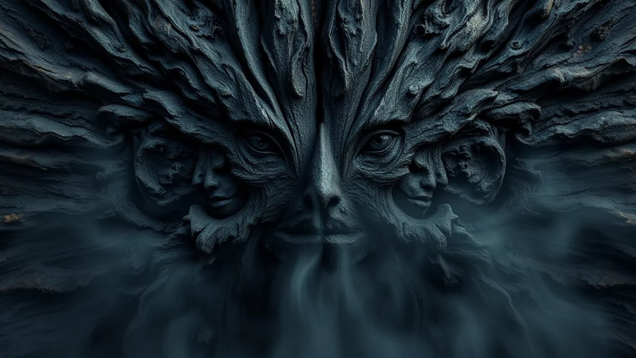 Photorealistic gorgeous point-symmetrical shot of dark slab of bark texture with many ancient female elven goddess faces shaped in the bark. Mist rising from the lower part and across the width of the image. forgotten realms fantasy style by lee jeffries, otherworldly, in the style of fantasy movies, shot on Hasselblad h6d-400c, zeiss prime lens, bokeh like f/0.8, tilt-shift lens, 8k, high detail, smooth render, unreal engine 5, cinema 4d, HDR, dust effect, vivid colors