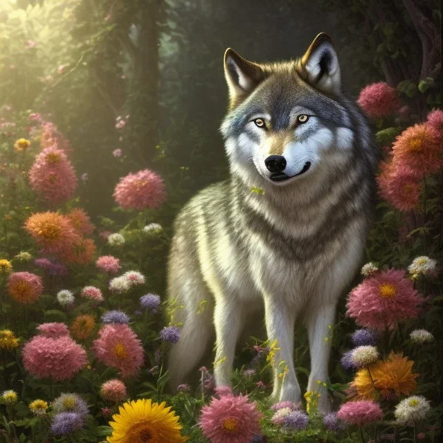 a wolf standing among flowers, sunlit, flickering light, stunning, beautiful, sharp, crisp, 8k resolution, centered, high-quality, ultrafine-detail, digital art, detailed matte, volumetric lighting, illustration, 3D octane render, brian froud, howard lyon, ben goossens, George Grie, alphonse mucha