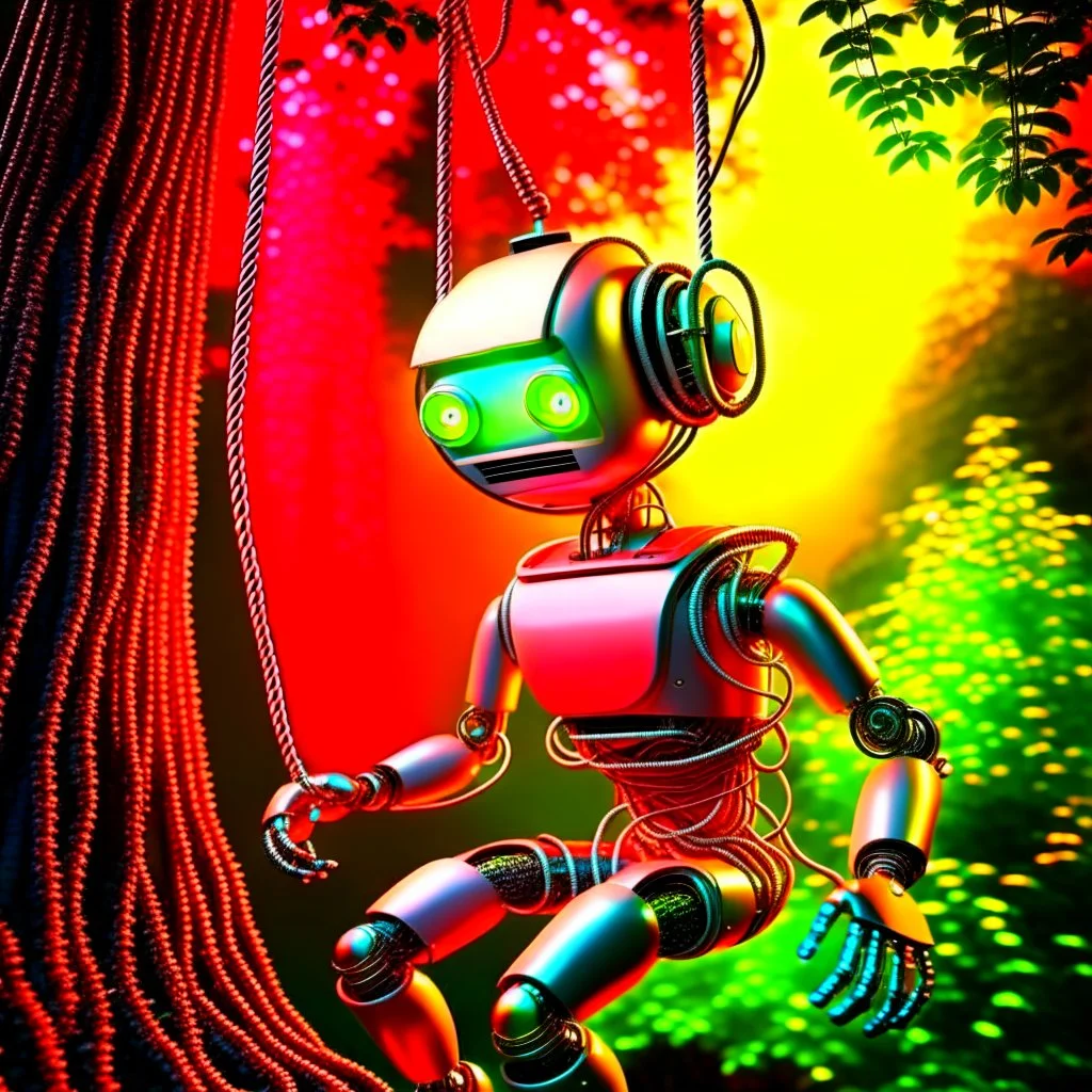 portrait of a cute 60s chat robot swinging in a rope in an underground grove, in the style of dali, 8k, down-light, soft light, depth of field, photo realism, trending on art station, high detail