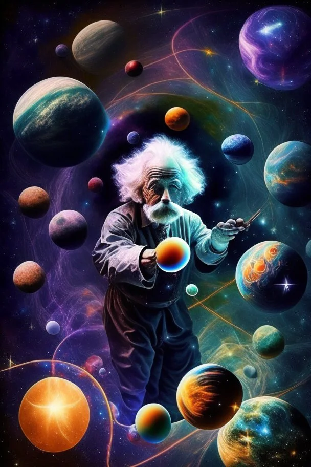 Albert Einstein playing with atoms in outerspace surrounded by planets, stars, cosmic gas, and moons