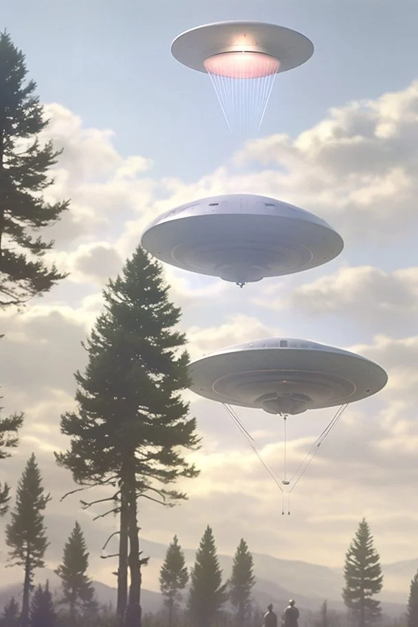 year is 1966 (a bunch of school kids) see ufo flying over tall pine trees, concept art, by Asaf Hanuka, by Weta Digital, Electric Colors, Screen Space Global Illumination, in a symbolic and meaningful style,