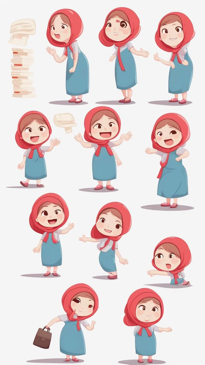 Big girl character, multiple poses and expressions, Real stories illustration style, cute, 20years old girl, full color, red ,She wears a headscarf