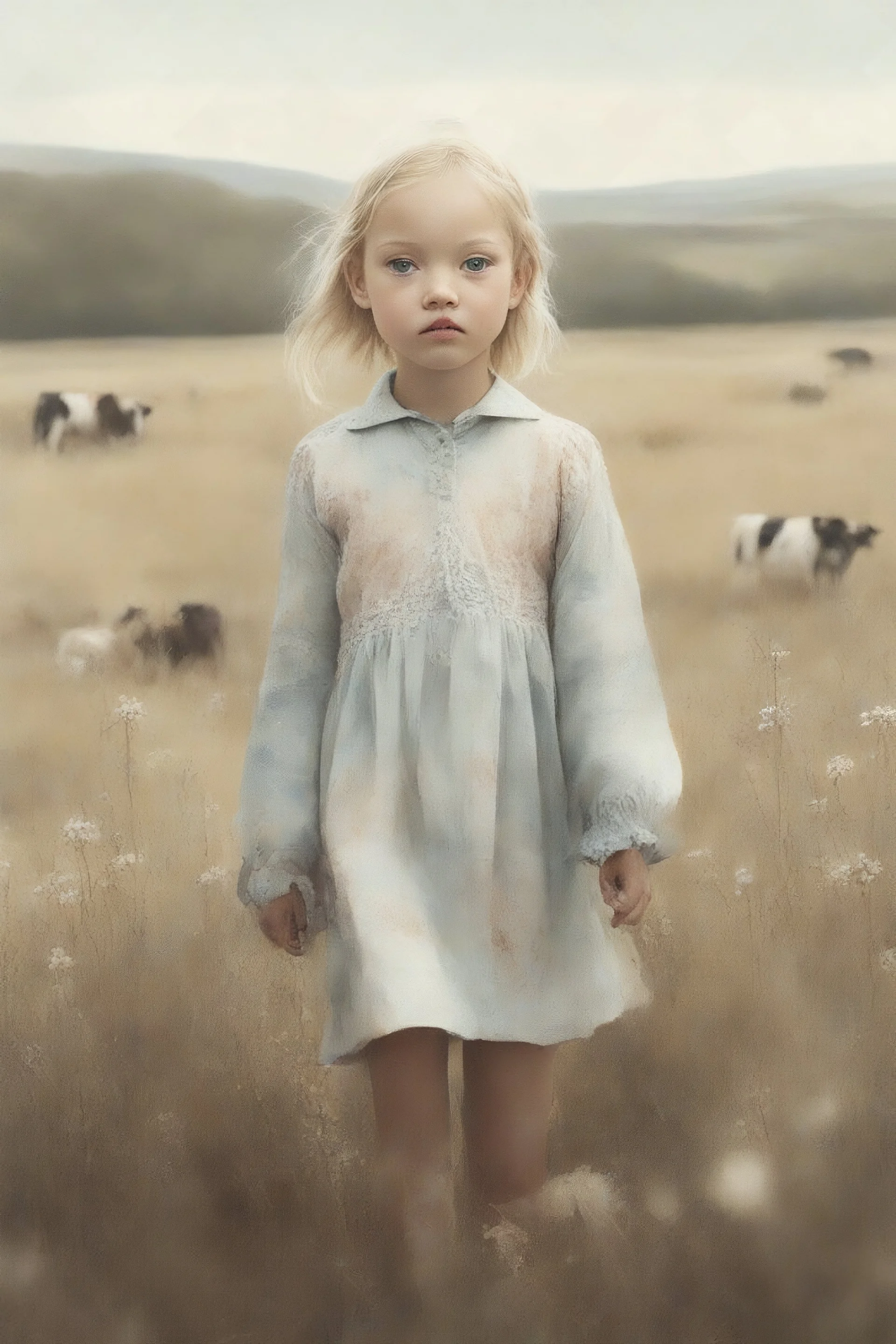 Illustration of model gemma ward as toddler, in a field,, cow,,style of Marcel Marlier, pastel colors